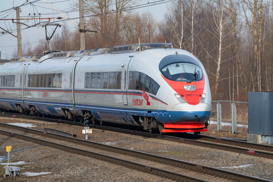 SLAVYANKA, RUSSIA - MARCH 04, 2024: High-speed electric train EVS1-11 "Sapsan" on a March day. Oktyabrskaya Railway