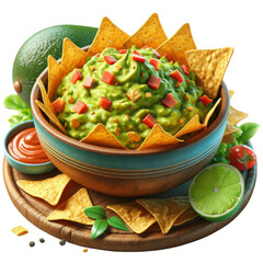 A bowl of guacamole with tortilla chips and a lime on a wooden table. The bowl is filled with green guacamole and the chips are scattered around it