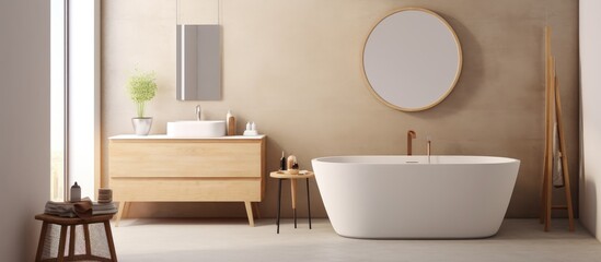 Fototapeta na wymiar A modern bathroom interior featuring a white bath tub positioned next to a wooden dresser. The beige walls, ceramic basin with oval mirror, and grey concrete floor complement the minimalist design.