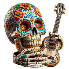 Sugar skull holding a guitar with colorful decorations. The skull is holding the guitar in a way that it looks like it's playing the guitar. The image has a festive and playful mood