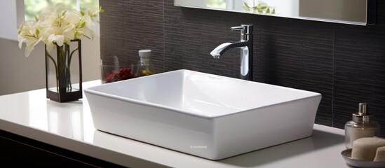 A white square sink is placed atop a bathroom counter, showcasing modern and clean design. The faucet complements the sink, adding functionality to the space.