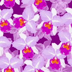Fototapeta na wymiar Pattern with big polka dot ornament, cattleya orchids of various size on black background. Simple, conspicuous, fashionable bright illustration. For prints, clothing, surface design.