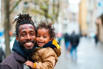 A happy man holding a joyful toddler outdoors