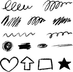 Hand drawn stroke, crown, love heart, pencil swoosh shape. Line text underline, emphasis, star, arrow mark element. hand drawn pen brush marker. Vector illustration.