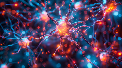 Microscopic View of Neurons and Synapses, Illustration of Human Brain Cells, Neurology and Medical Science Concept