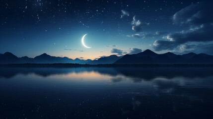 Fototapeta premium a Ramadan sky with stars and a crescent moon above a calm sea. Ramdan Kareem & Eid Mubark. 