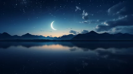 Fotobehang a Ramadan sky with stars and a crescent moon above a calm sea. Ramdan Kareem & Eid Mubark.  © Nim