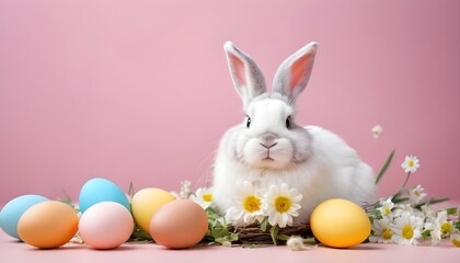 Naklejka na ściany i meble Easter Fluffy Bunny Among Fresh Spring Flowers And