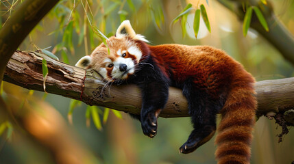Charming red panda nestled