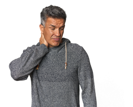 Middle-aged Latino man touching back of head, thinking and making a choice.