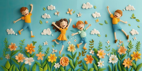 A group of children are playing in a field of flowers
