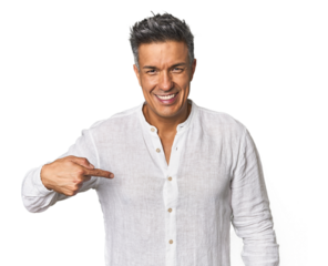 Middle-aged Latino man person pointing by hand to a shirt copy space, proud and confident