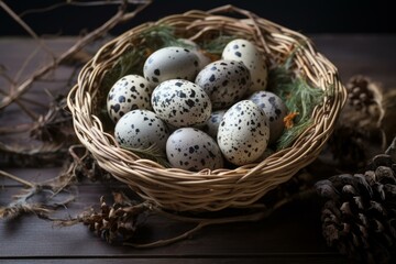 Obraz premium Petite Quail eggs nest. Multicolored small and round objects with spots table. Generate AI