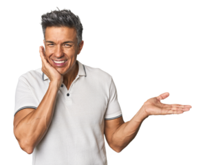 Middle-aged Latino man holds copy space on a palm, keep hand over cheek. Amazed and delighted.