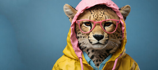 Cyberpunk futuristic anthropomorphic cat in yellow raincoat outfit and pink hood. Fantasy concept