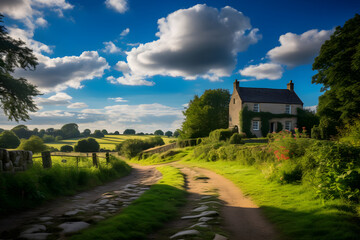 Sunlit Manor House in Scenic Countryside Against Majestic Mountain Backdrop: Travel and Nature at its Idyllic Best