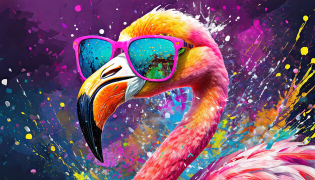 Vibrant pop art style portrait of a flamingo wearing sunglasses and paint splattering effect. AI generated wallpaper.