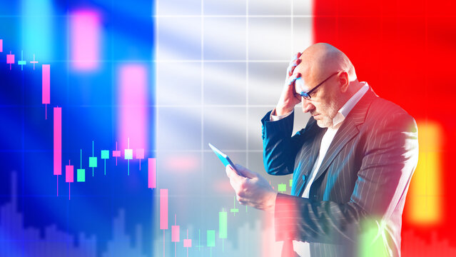 French investor lost money. Man banker near flag of France. Upset investor clutches head. Graph symbolizes crisis in France. Collapse of french economy. Upset business man with electronic tablet. - Powered by Adobe