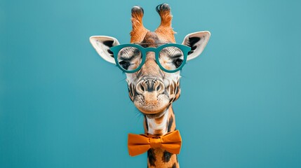 Elegant giraffe wearing a bow tie and monocle