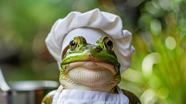 Frog wearing a chefs hat and apron