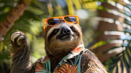 Sloth wearing a Hawaiian shirt and sunglasses
