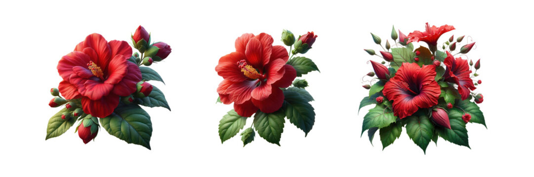 Set of red joba flower, illustration, isolated over on transparent white background