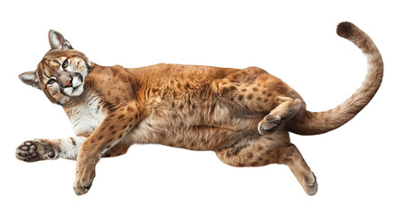 Obraz premium Puma or mountain lion lying on back and showing belly isolated on white or transparent background, png clipart, design element. Easy to place on any other background.
