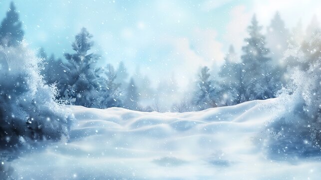 Whimsical Snowfall Over a Serene Wintry Forest Landscape