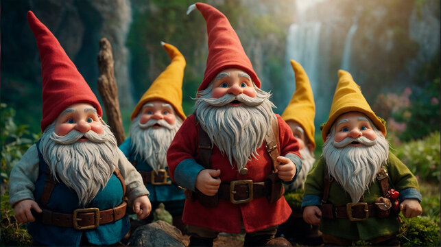 On this image, there are several jolly and realistic gnomes with long beards. They exude joy and playfulness, their eyes sparkle with merriment. It seems like they are ready to embark on an exciting a