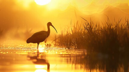 Elegant ibis fishing in a tranquil marshland - obrazy, fototapety, plakaty