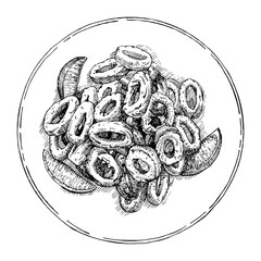 Squid rings with lemon slices, hand drawn sketch, vector illustration 