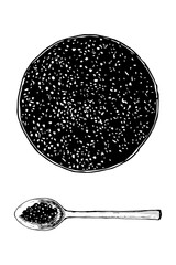 Black caviar bowl, hand drawn sketch, vector illustration  - 755044185