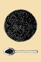 Black caviar bowl, hand drawn sketch, vector illustration  - 755044186