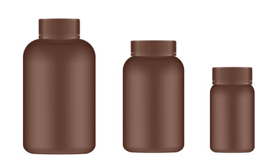 Set of big, medium and small medical pill bottles. Brown jar with lid. Plastic medicine container. 3d mockup of a packaging for pharmacy	