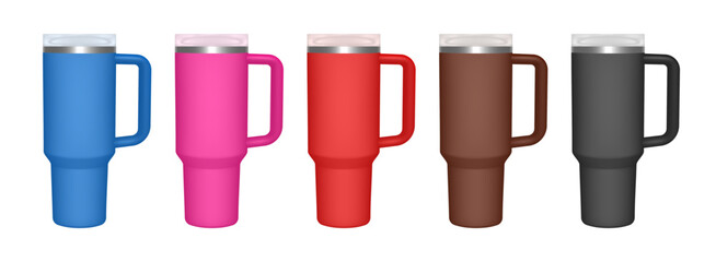 Thermo cup with handle. 3d mockup of a travel thermos. Set of blue, pink, red, brown and black mugs. Tumbler template. Transparent lid