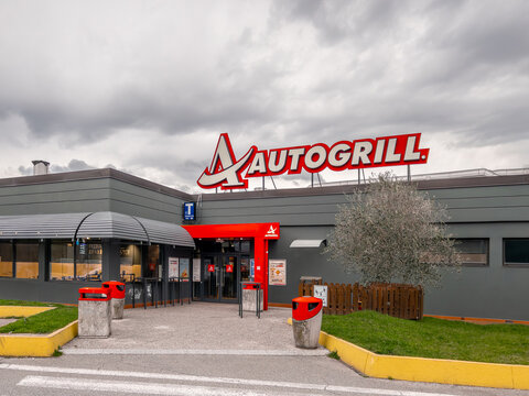 Brugnato, La Spezia, Liguria, Italy - March 08, 2024: Autogrill entrance in Brugnato Est service area on Azzurra A12 highway. Autogrill is an Italian multinational catering company for travelers. 