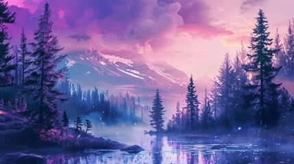 In a fantastical landscape, a majestic purple pine forest stands tall against towering mountains, while a tranquil blue stream winds its way through the scenery. This breathtaking view showcases
