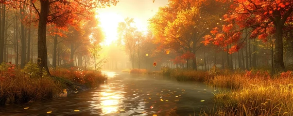 Photo sur Plexiglas Route en forêt Autumnal forest park with calm river sunlight stream