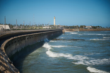 View of sea waves pounding on the headland. Atlantic ocean background