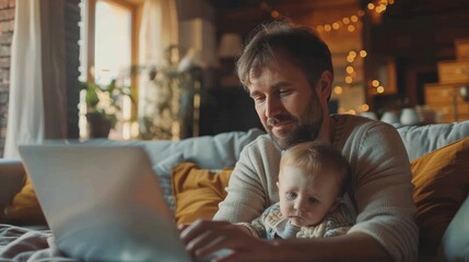 young father works on laptop while his wife looks after child work from home parenting telecommuting   - obrazy, fototapety, plakaty