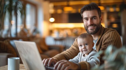 young father works on laptop while his wife looks after child work from home parenting telecommuting  
