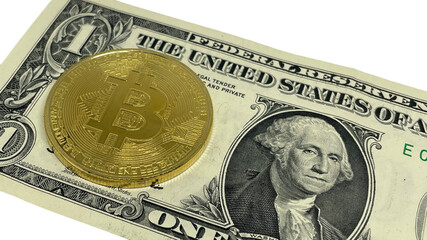 A one dollar bill with a Bitcoin coin on its surface, illustrating the mix of traditional paper...