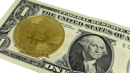 A one dollar bill with a Bitcoin coin on its surface, illustrating the mix of traditional paper currency with modern digital cryptocurrency.