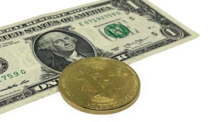 A one dollar bill and a gold coin placed together, suggesting a theme of financial exchange, currency diversity, and the tangible aspects of money.