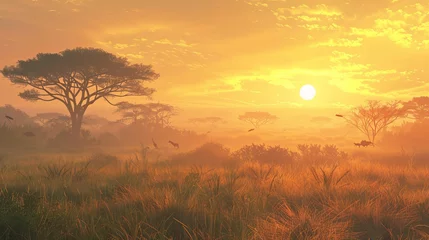 Tuinposter As the sun rises over the African savannah, golden light bathes the expansive landscape in a warm glow. Silhouettes of iconic acacia trees punctuate the horizon, while distant wildlife begins to stir © Bahram