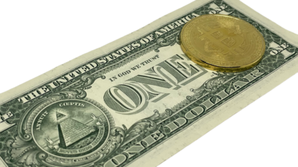 one dollar bill with a gold bitcoin resting on top, representing the blend of traditional paper currency with coinage, associated with finance, investment, and collection.