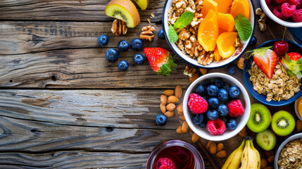 Fototapeta na wymiar Healthy breakfast on a wood table surface. top view. health food, fitness food. low fat, low calorie.