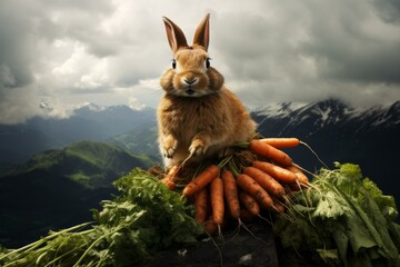 Fluffy Happy mountain rabbit with heap of carrots. Wild furry hare with veggies harvest in nature habitat. Generate ai - obrazy, fototapety, plakaty