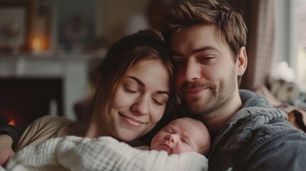 peaceful young married couple enjoying being family parents holding new born baby in arms  