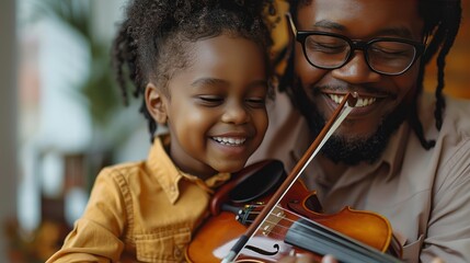 music is so much fun young father teaching his little daughter to play violin and smiling   - obrazy, fototapety, plakaty